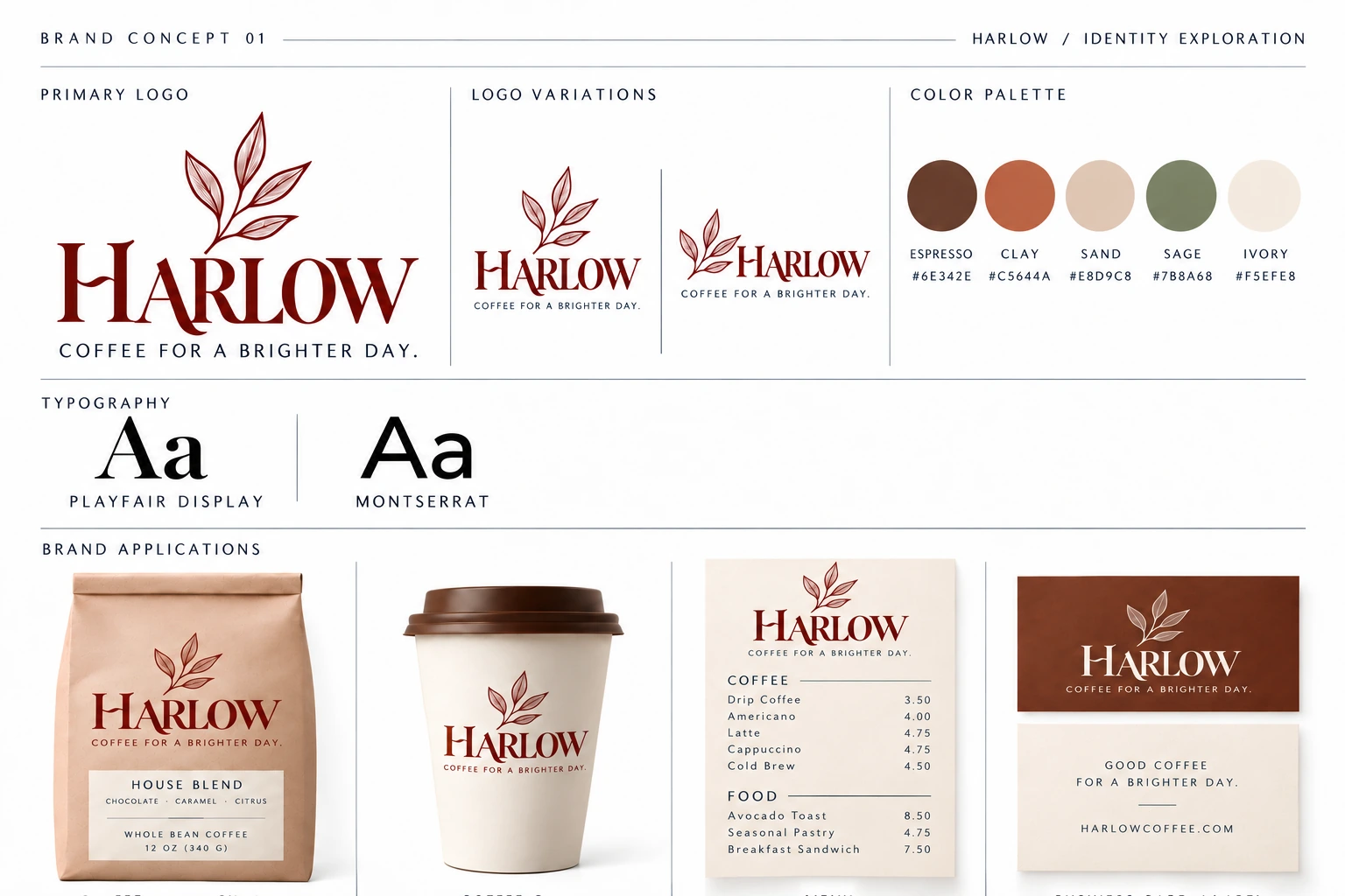 Harlow coffee brand presentation showing identity, coffee packaging, menu and takeaway cup