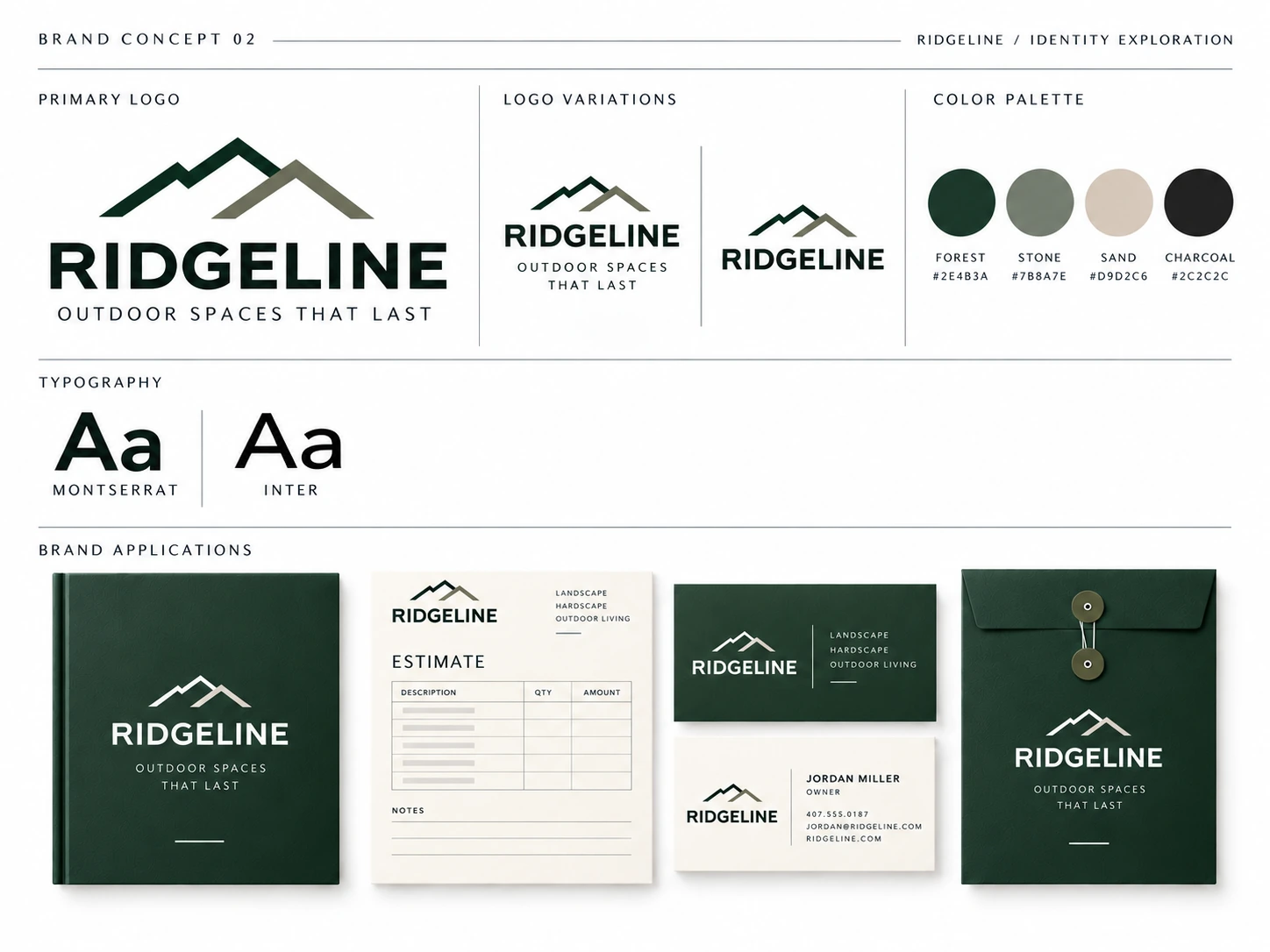 Ridgeline construction brand presentation showing truck branding, yard sign, proposal folder and website/mobile design