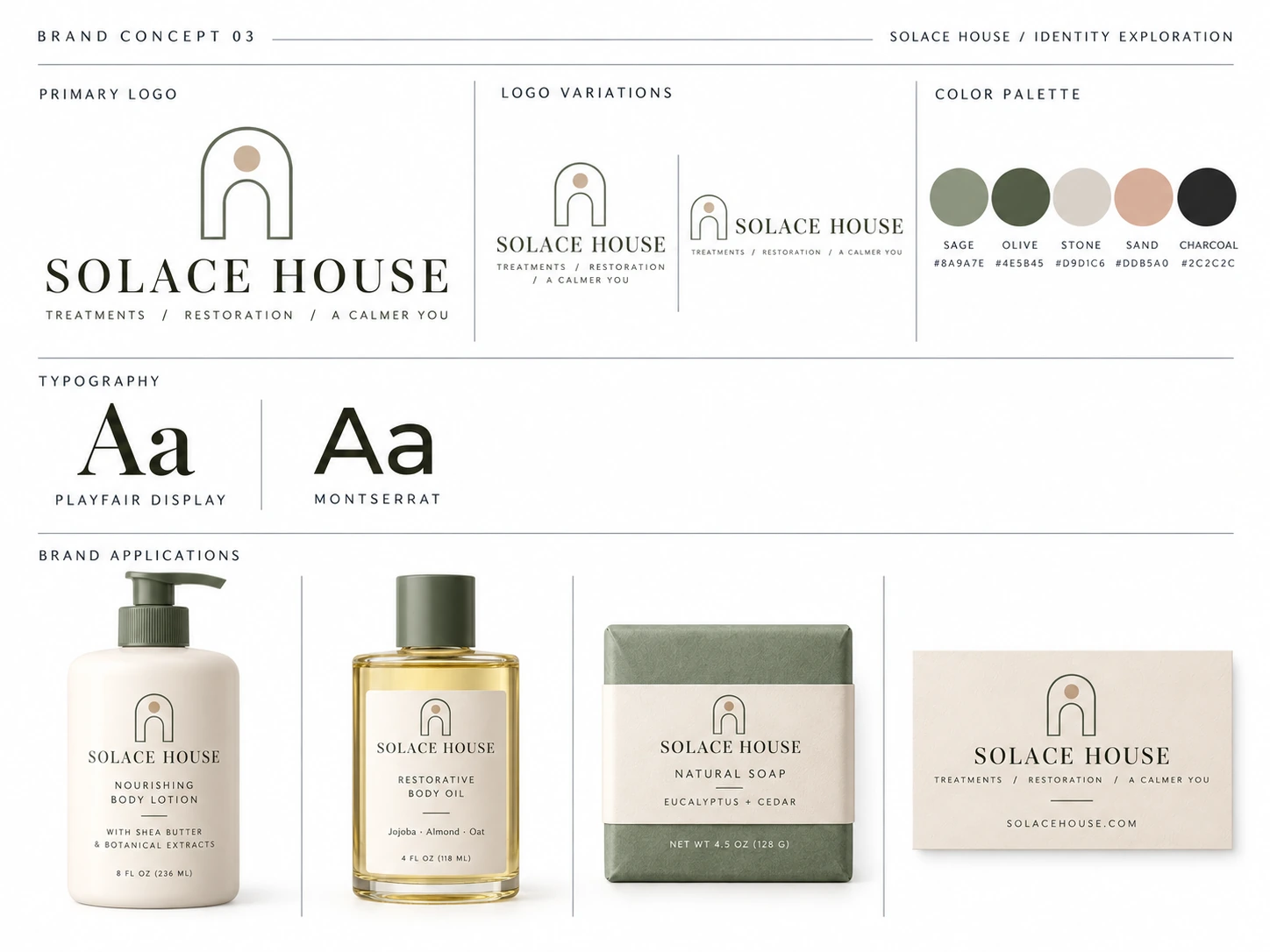 Solace House wellness brand presentation showing packaging and treatment menu with a simple geometric logo